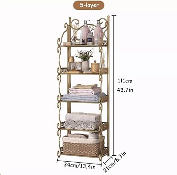 Folding Multi-Layer Storage Rack, Independent Storage Shelf with Reinforced Steel Pipes and Non-Slip Feet, Suitable for Kitchens, Living Rooms, Bedrooms, Bathrooms Gold 5-layer