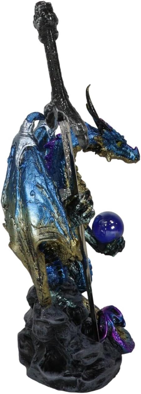 Ebros Gift Legendary Pacific Blue Metallic Armored Knight Dragon Holding Blue Orb Sphere and Draconian Sword Letter Opener Figurine Home Office Decorative Sculpture Medieval Dungeons Dragons Fantasy