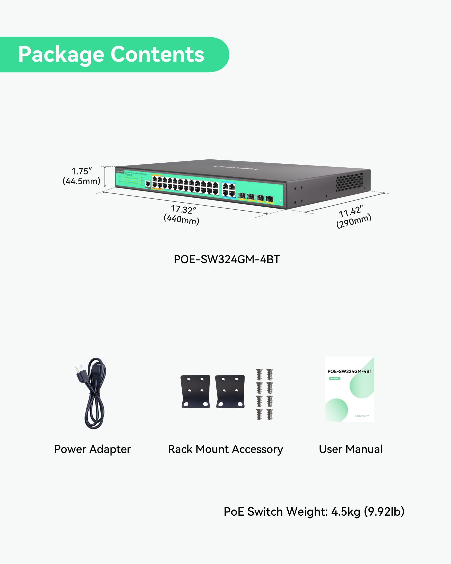 LINOVISION 24 Ports L2 Managed PoE++ Switch, Full Gigabit, integrierte 370W Stromversorgung mit 4*BT 90W und 20*AT 30W Ports, ausreichend für alle IEEE802.3af/at/bt Geräte, unterstützt QoS, VLAN, IGMP