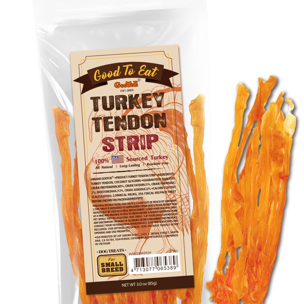Gootoe Turkey Tendon Dog Treats, Strips 3oz, USA-Sourced Turkey Tendon, Natural Snack, Premium Puppy Chews, Hypoallergenic, Rawhide Free, Reseal Value Bags, Size for Small Dogs
