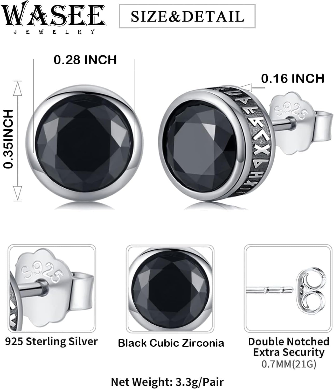 925 Sterling Silver Viking Rune Stud Earrings for Men Black Cubic Zirconia Stud Earrings Punk Gothic Jewelry for Men Women