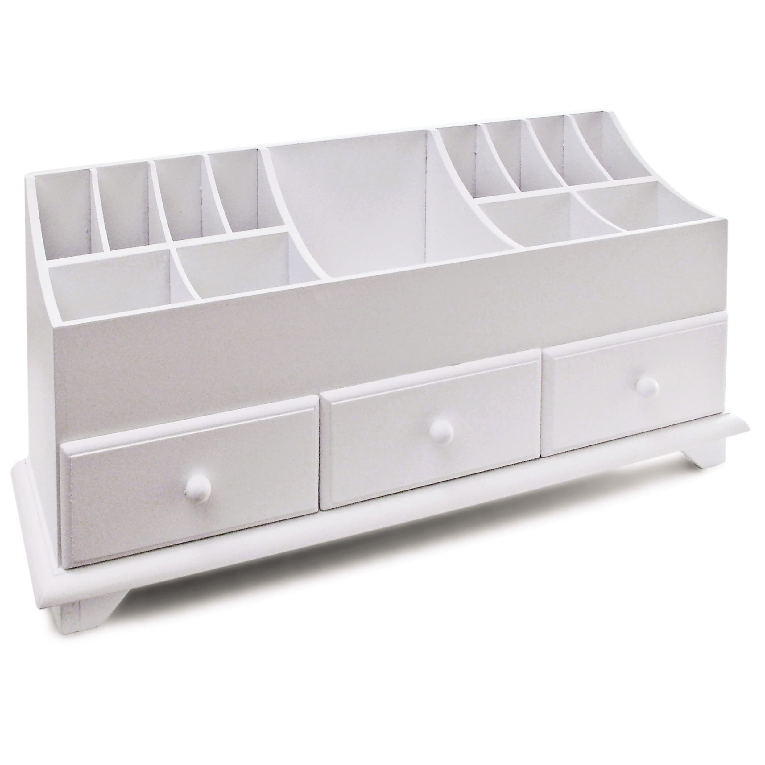 Wooden Cosmetic Cabinet – Versatile White Desktop or Dressing Table Organiser with Divided Sections & 3 Drawers – Ideal for Storing Stationary, Pens, Brushes, Jewellery, Hair & Makeup Accessories