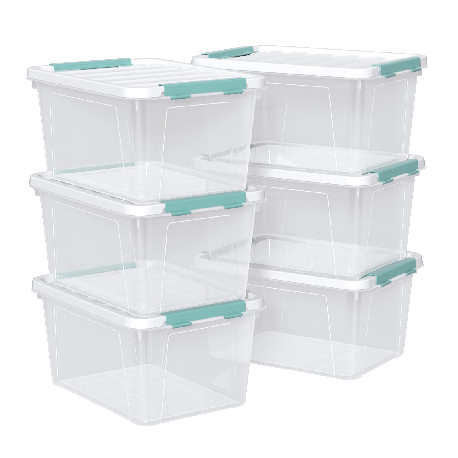 Gainhope 6 Packs Plastic Latch Boxes, 20 L Clear Stackable Storage Container Bin with White Lid