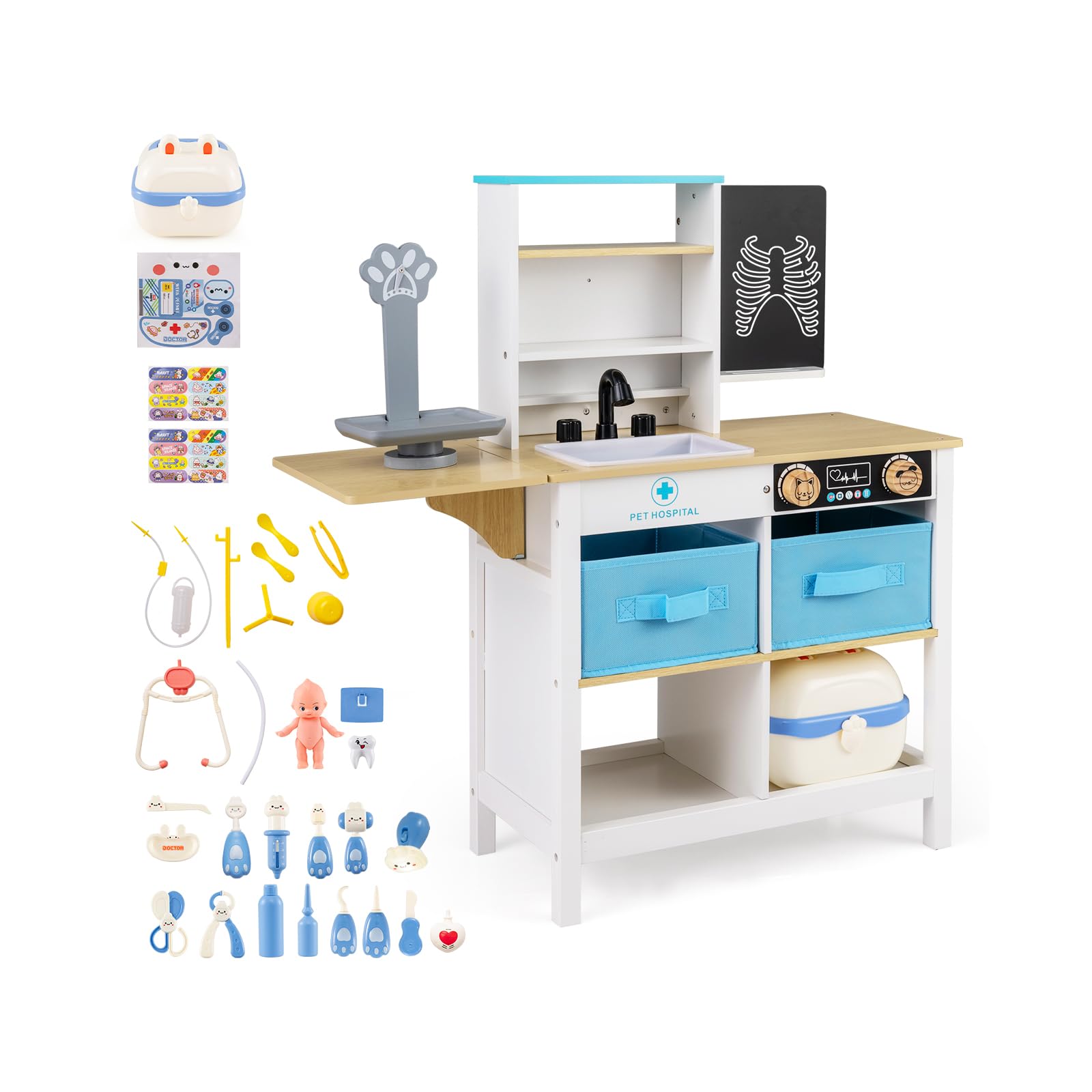 COSTWAY Kit Medico Giocattolo in Legno, Centro Veterinario Pieghevole con Bilancia Animali e 22 Accessori, Gioco Educativo Simulazione Dottore, Regalo per Bambini 3-6 Anni (Bianco)