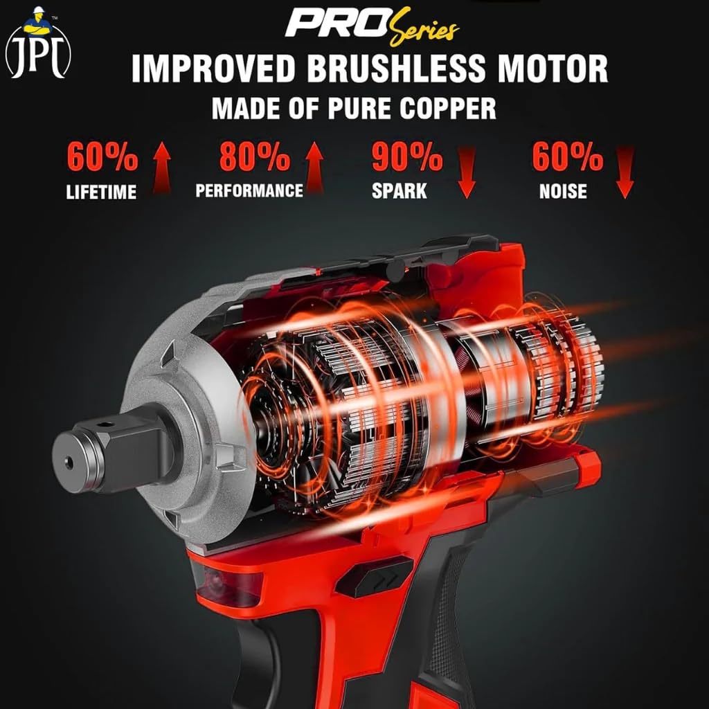 JPT Pro Series Brushless 21-volt Cordless Impact Wrench | 570N.m Torque | 4400 RPM Speed | 2 Speed Modes | 1/2-Inch Hex Shank | Bright LED Light | 4000mAh Battery | Fast Charger | 12 Months Warranty 2