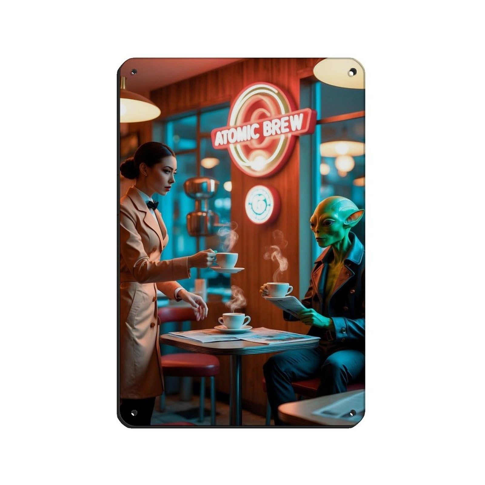 Retro Diner, Alien Cafe Scene Retro Poster Metal Tin Sign Chic Art Retro Iron Painting Bar People Cave Cafe Family Garage Poster Wall Decoration 8x12inch(20x30cm)