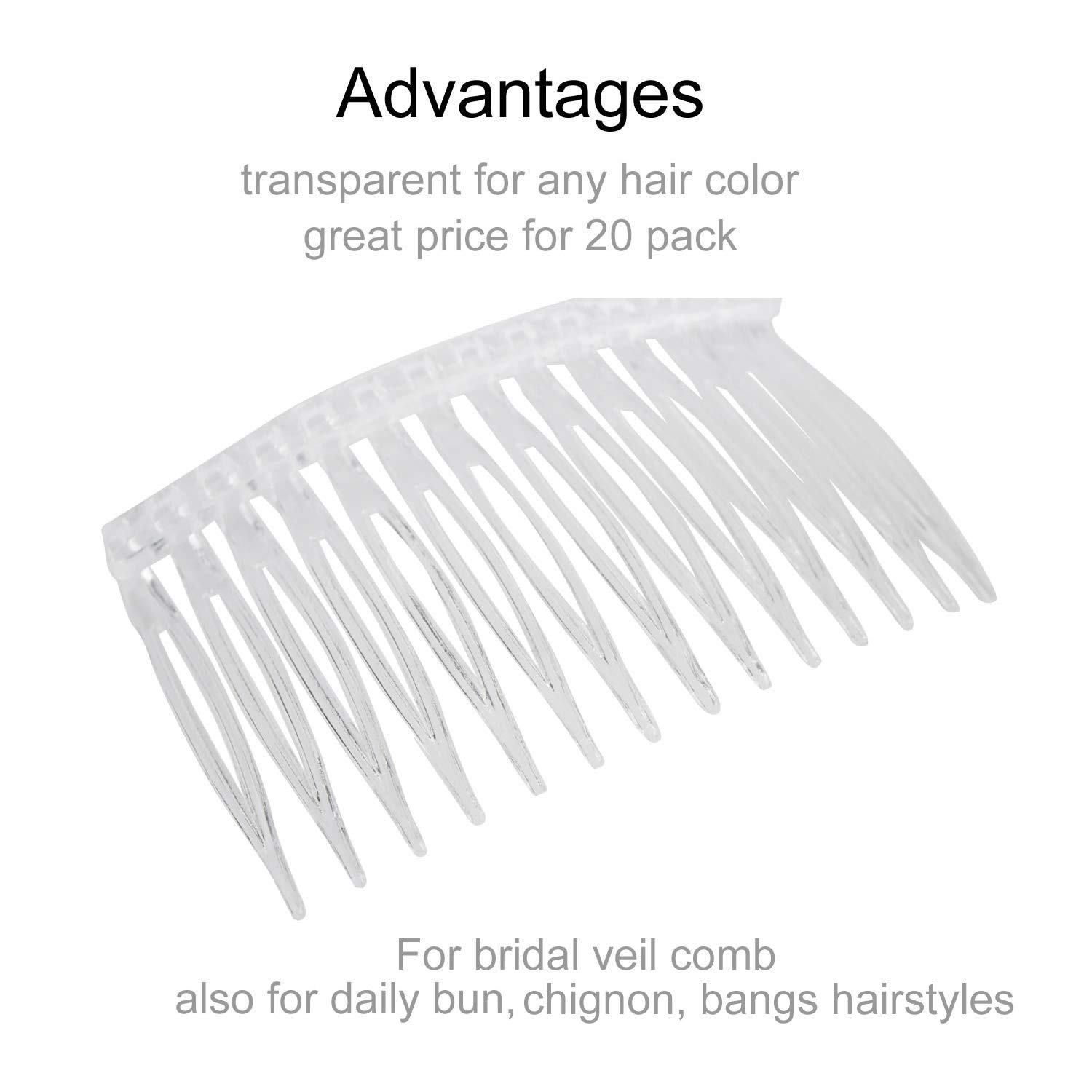 Paquete de 20 peines laterales de plástico transparente con dientes largos, horquillas, pasadores, abrazaderas, lazos para mujer, velo de boda, decorativo, tocado francés, accesorios para moño
