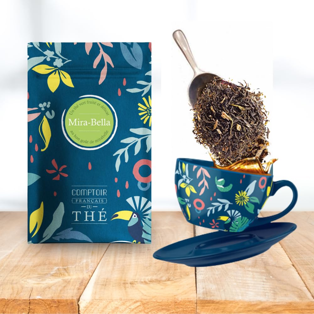 2x100g de Thé Vert à la Mirabelle - Mira-Bella COMPTOIR FRANÇAIS DU THÉ | Délicieux chaud ou glacé, parfait en thé glacé maison - Thé en vrac, sachet zip refermable