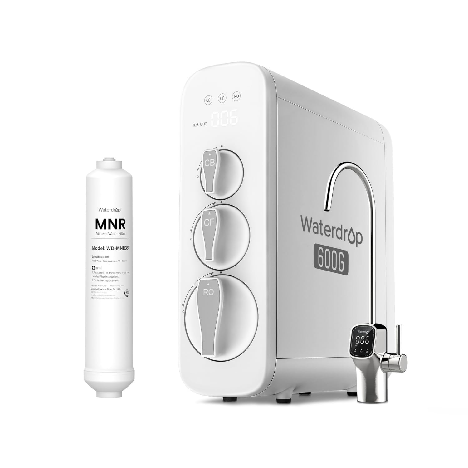 Waterdrop G3P600 Umkehrosmoseanlage mit Remineralisation, 600 GPD, 8000 Liters, Entkalkungsanlage RO System unter der Spüle, Reduziert TDS, 2:1 Rein zum Abfluss, Intelligenter LED-Wasserhahn
