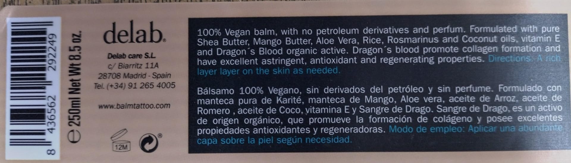 BALM TATTOO Dragon's Blood Butter 250 ml ohne Parfüm, vegan, feuchtigkeitsspendend während und nach dem Tätowieren, verengt die Poren, um starkes Ausbluten der Farben zu verhindern