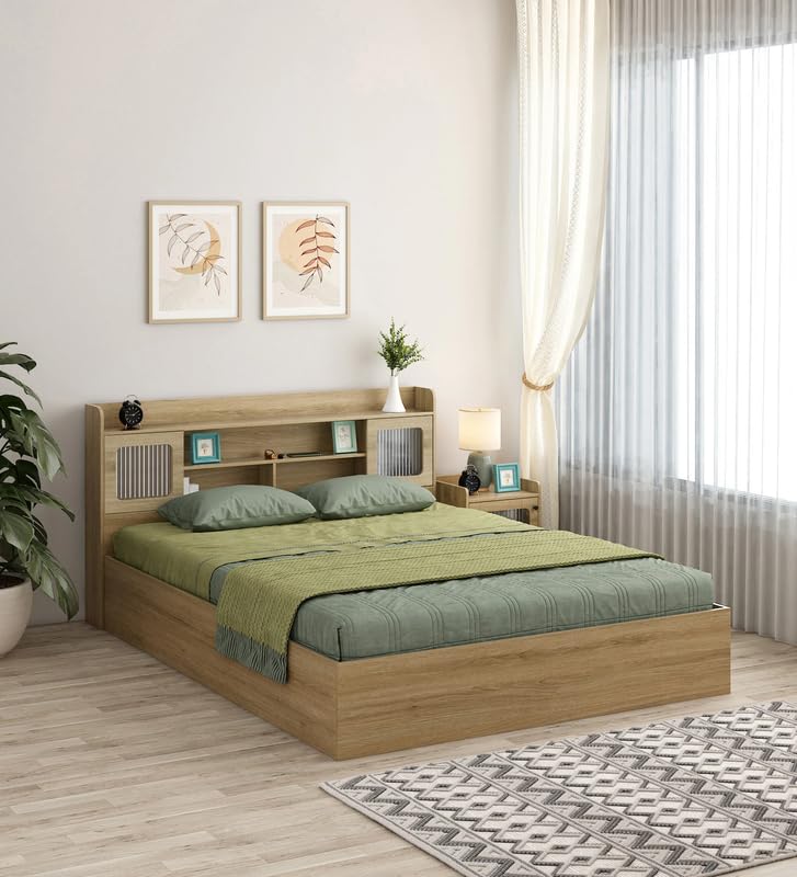 Image of Mintwud Pepperfry Engineered Wood Vida King Size Bed with Box Storage, Open Shelves and 2 Door | Wooden Double Bed Cot Palang Furniture for Living Room Bedroom Home and Hotels (Santana Oak Finish)
