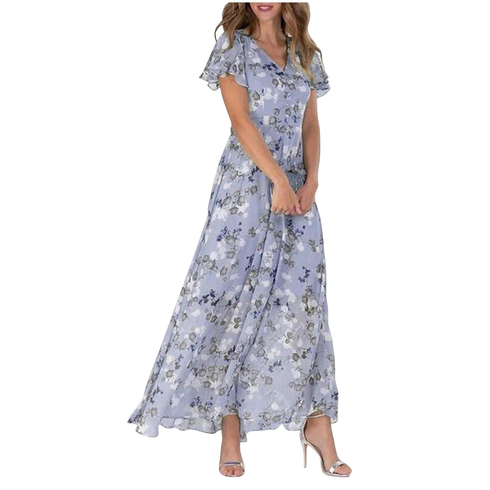 Lockenstab Women's Chiffon Floral Maxi Dress - Summer Elegant Boho Long Flowy Dresses Ruffle Sleeves V Neck Vacation Beach Outfit Wedding Guest Engagement Cocktail Party(Purple,XL)