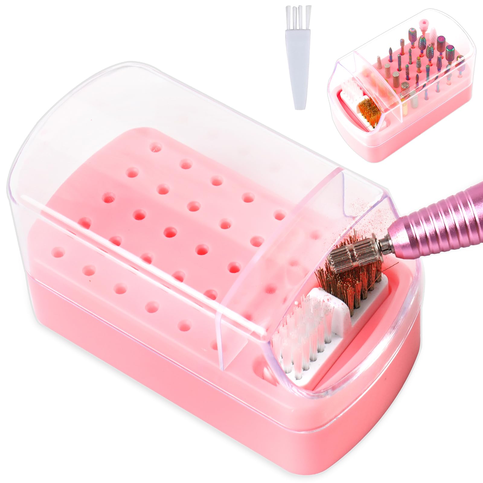 2 in 1 Nail Drill Bits Holder & Cleaning Brush Case, 30 Holes Dustproof Nail Art Drill Bits Stand Display Storage Box and Cleaner Manicure Tools (Pink