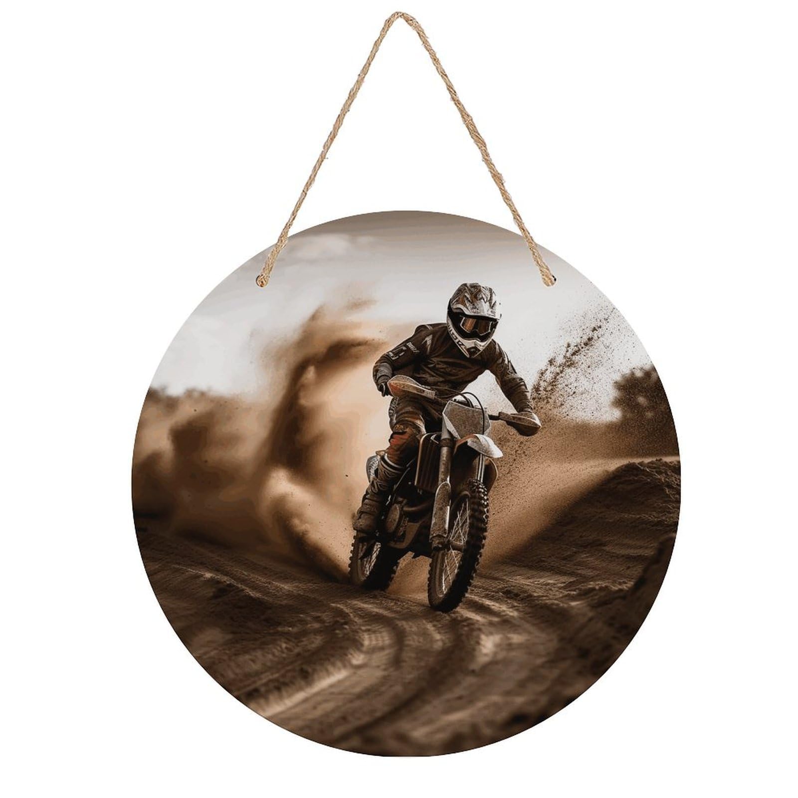 VstaDank Motocross Wall Art Decor with Ropes Wooden Hanging Sign Hanging Wall Decor Artwork Round Wood Painting Modern Wall Prints Decor Picture for Office Bar Home Decors