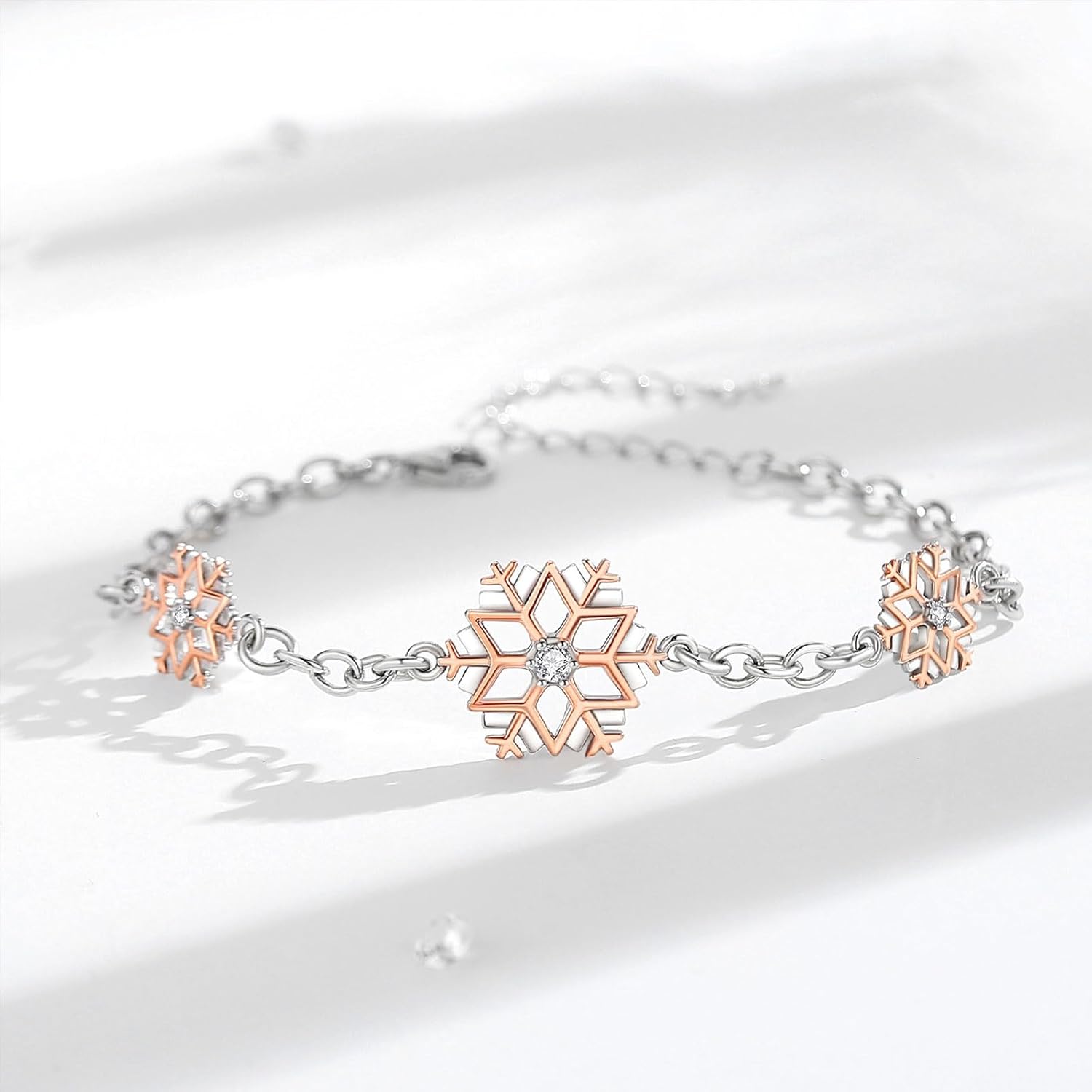 INFUSEU Christmas Jewelry Snowflake for Women Teen Sterling Silver Bracelet Winter Frozen Gifts Rose Gold Two Tone New Year Flower Unique Present Snow Flake Stuff - Image 2