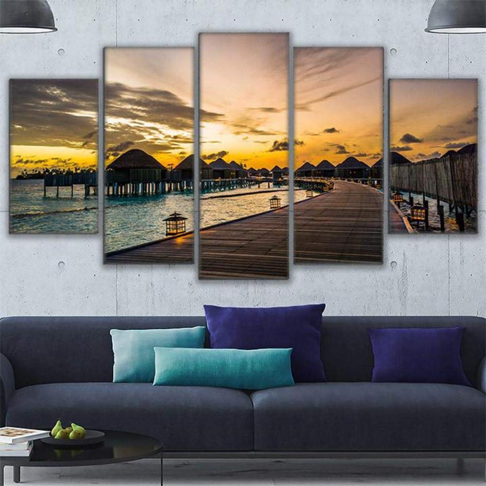 Impresiones sobre Lienzo Cuadro En Lienzo HD Decoración para El Hogar Cartel 5 Piezas Paradise Pier Sunset Dawn Broken Bridge Seascape Painting Living Room Animal Fotos