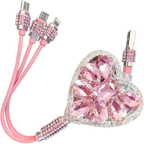Foelony 3-in-1 Car Retractable Multi Charging Cable, Rhinestone Heart Data Sync & Fast Charger with Lightning/Micro/Type-C USB Connectors for Most Phones (Pink)