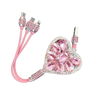 3-in-1 Car Retractable Multi Charging Cable, Rhinestone Heart Data Sync & Fast Charger with Lightning/Micro/Type-C USB Connectors for Most Phones Pink