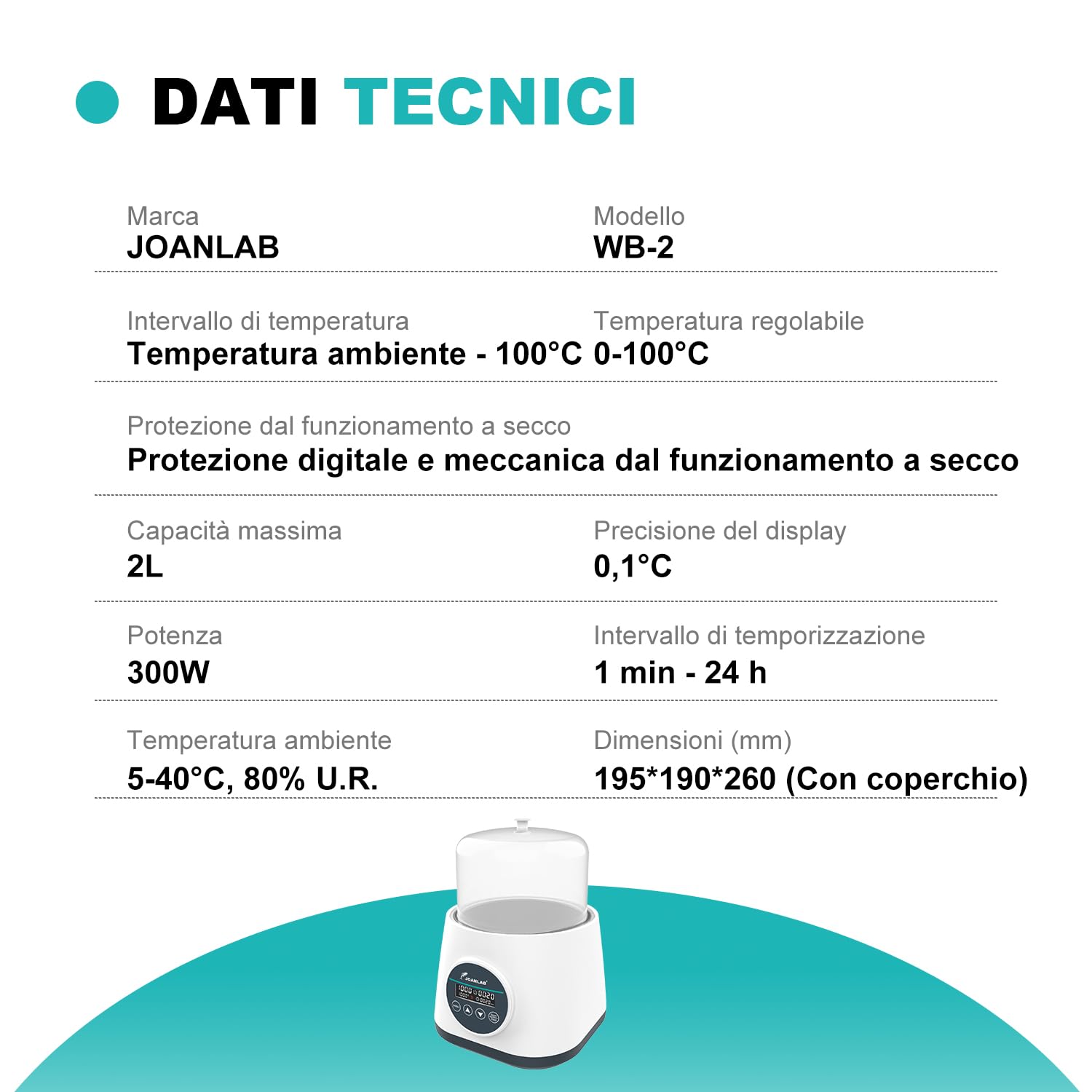 JOANLAB Bagnomaria da Laboratorio 2L Digitale, Riscaldamento di Precisione 100°C, Vasca in Acciaio Inox con Timer & Doppia Sicurezza, Coperchio Trasparente(WB-2S)