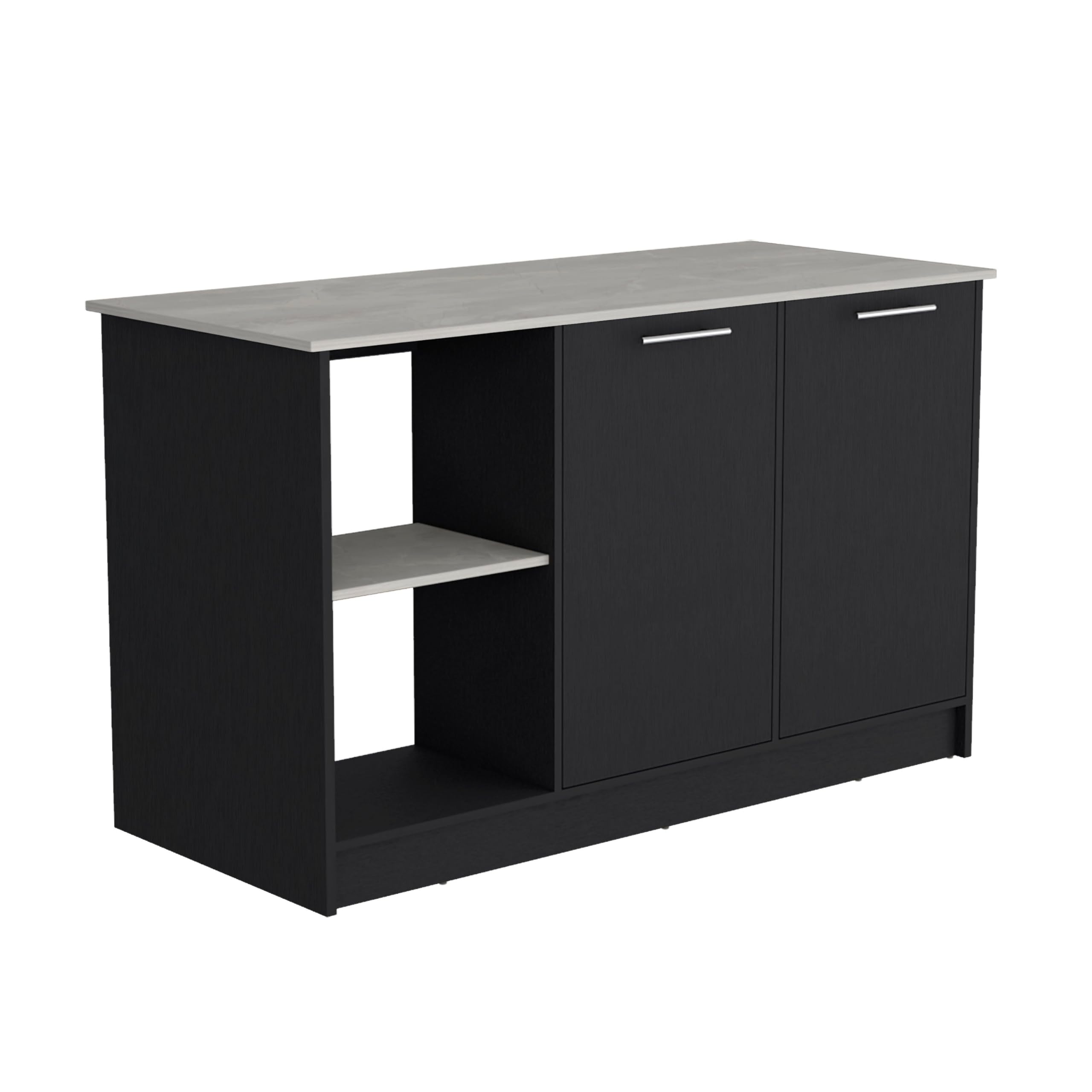 Coral Kitchen Island with Large Countertop, Open Storage Shelves and Double Door Cabinet, Black/Onyx