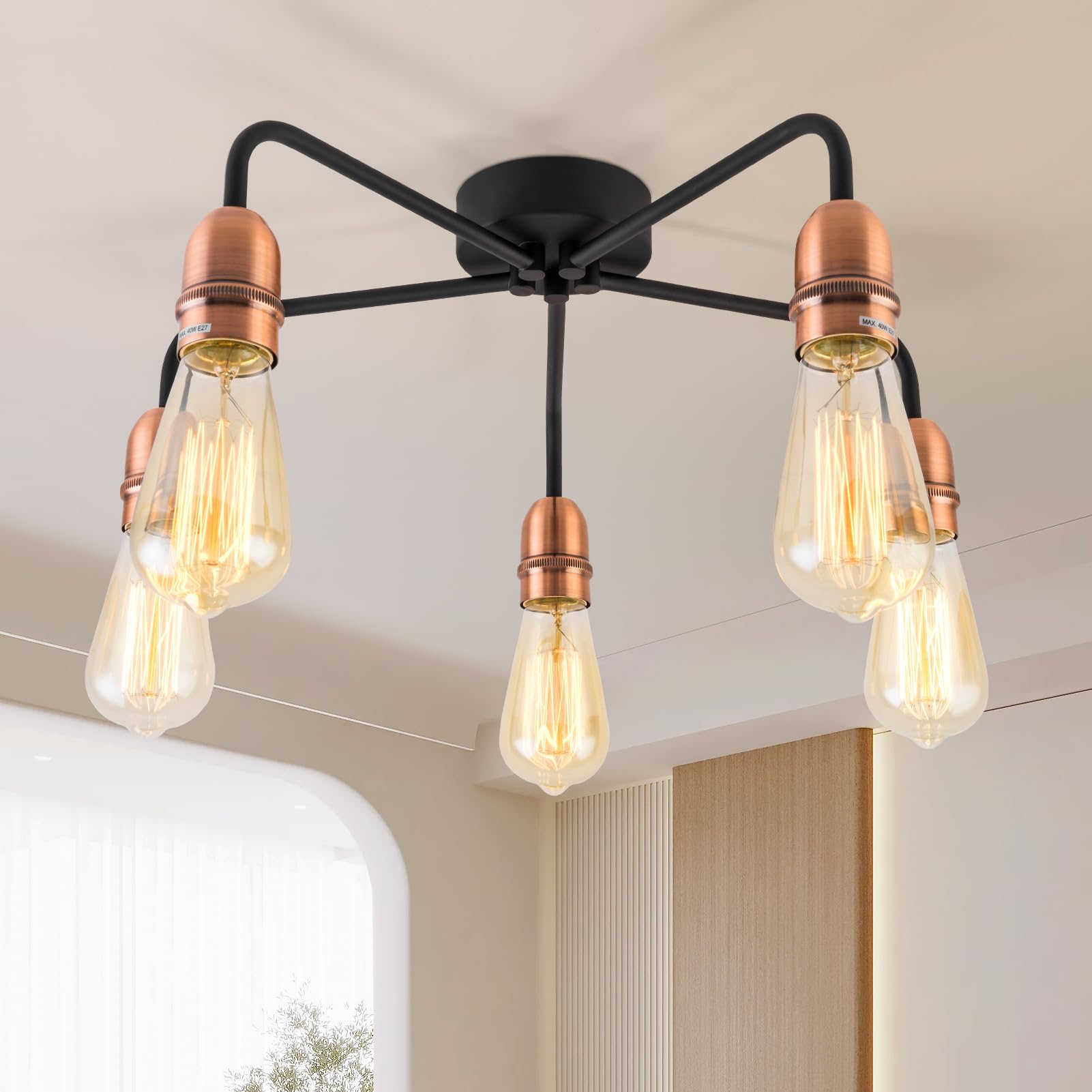 Harper Living Unisex Black 5 Light Semi Flush Ceiling Light, E27/Es Bulb Cap, Dimmable, Drop Arms In
