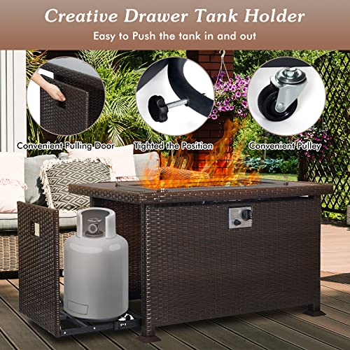 Sellerwe Propane Fire Pit Table, 44" 60,000 Btu Auto-Ignition Aluminum Rectangle Wicker Gas Fire Pits/Dining Fire Table W/Wind Guard, Csa Certification For Outdoor Patio Garden Backyard, Brown #TOP4