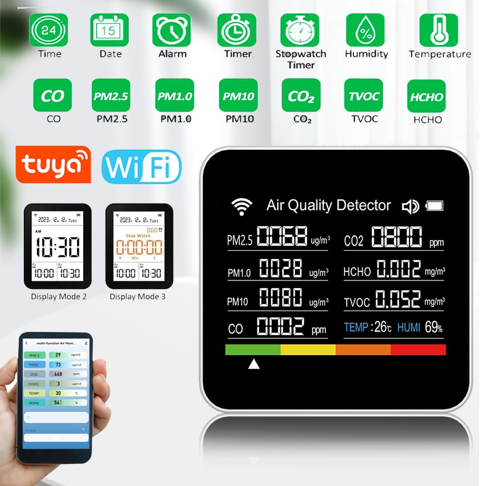 Air Quality Monitor, Indoor Air Quality Monitor, 14 in 1 Air Quality Tester WiFi APP Control 2.8