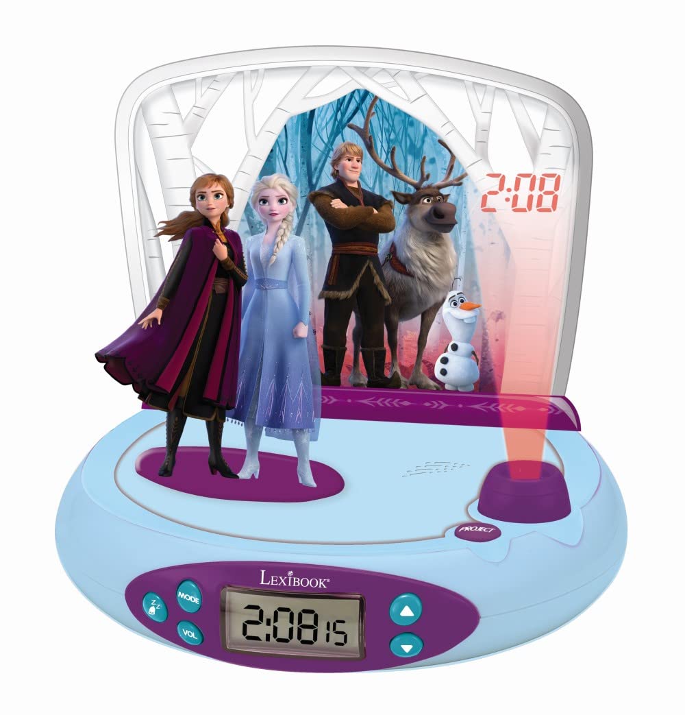 – LEXIBOOK Disney Frozen 2 Elsa & Anna, Projector Alarm Clock, Night Light, time Projection onto The Ceiling, Sound Effects, Battery-Powered, Blue/Purple