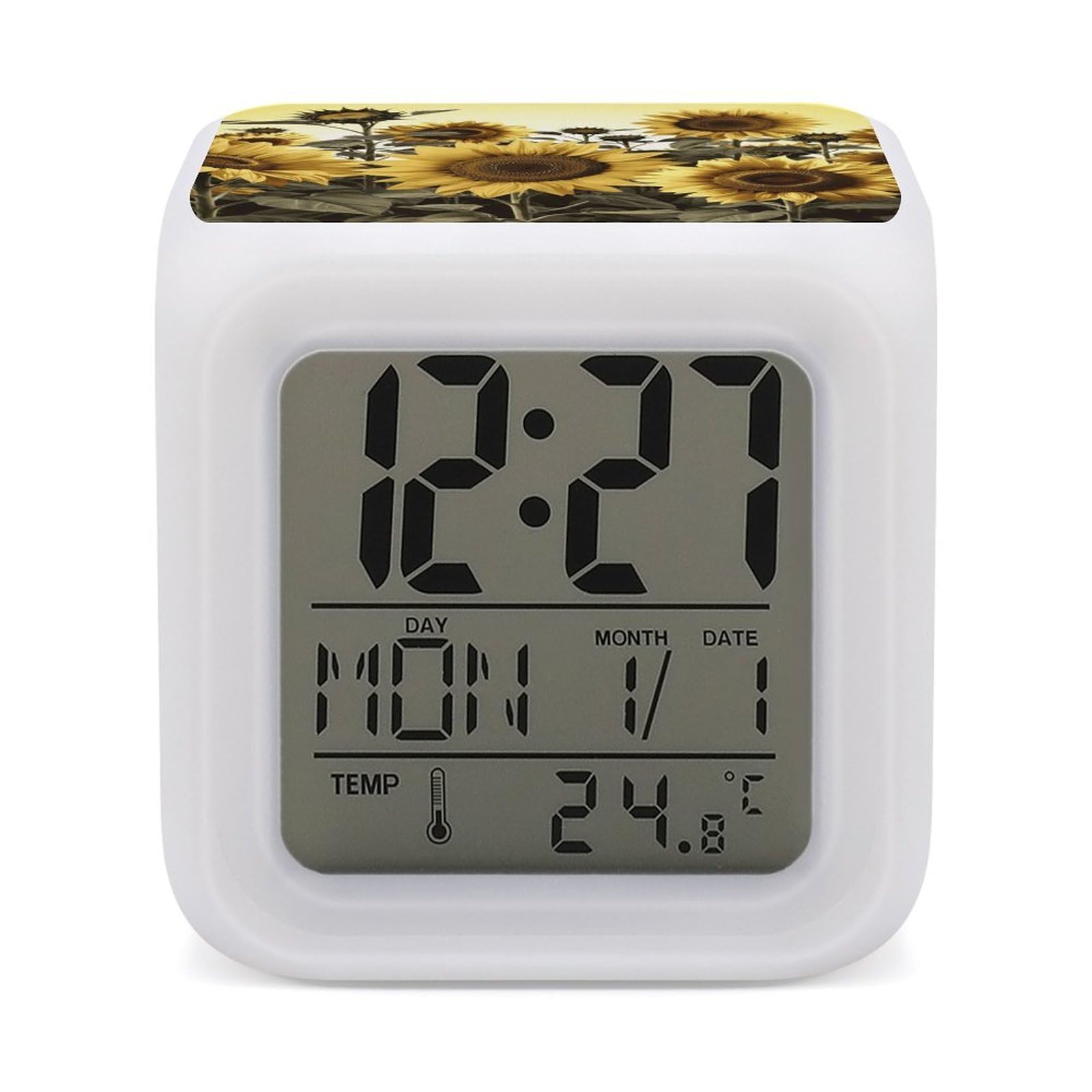 FekiLoot Yellow Sunflower Floral Alarm Clock with 7 Color Changing Night Light,Battery Operated Digital Clocks with Temperature Display Tiny Electric Clock LED Sleep Timer for Room Decor