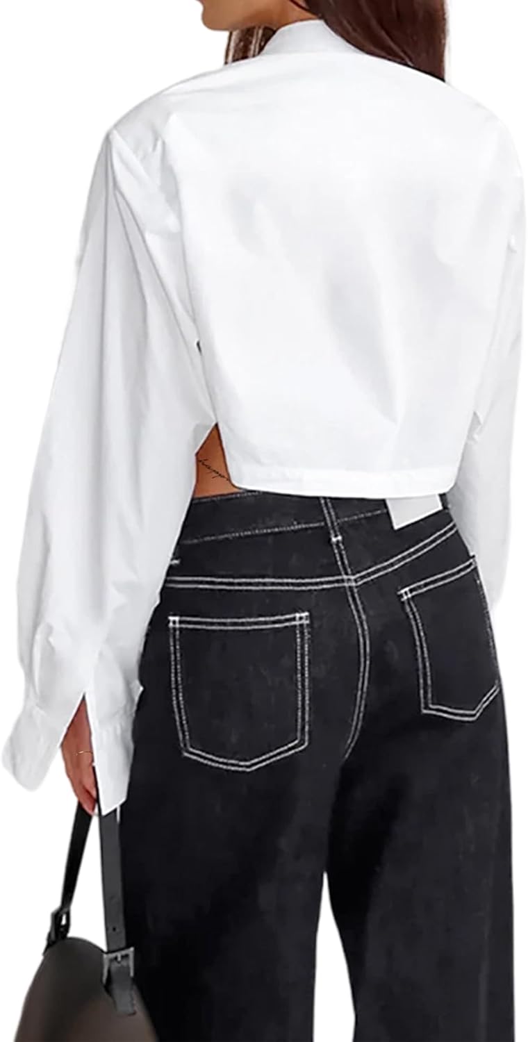 Remidoo Women's Casual Striped Cropped Button Down Shirt Long Sleeve Crop Top - Image 2