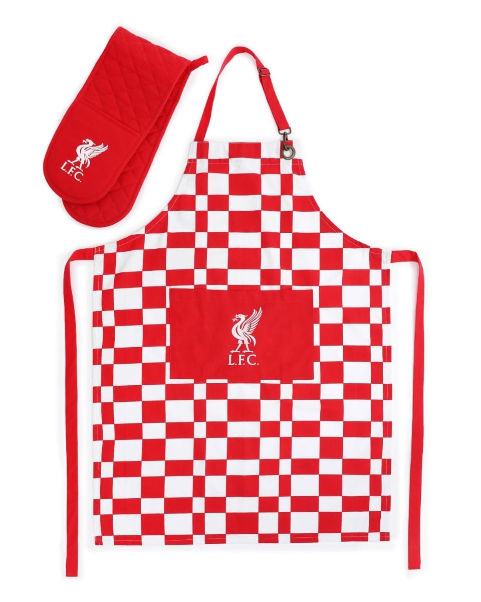 Liverpool F.c. Red And White Checkered Liverpool Fc Kitchen Set, Apron With Oven Glove, Official Lfc Merchandise
