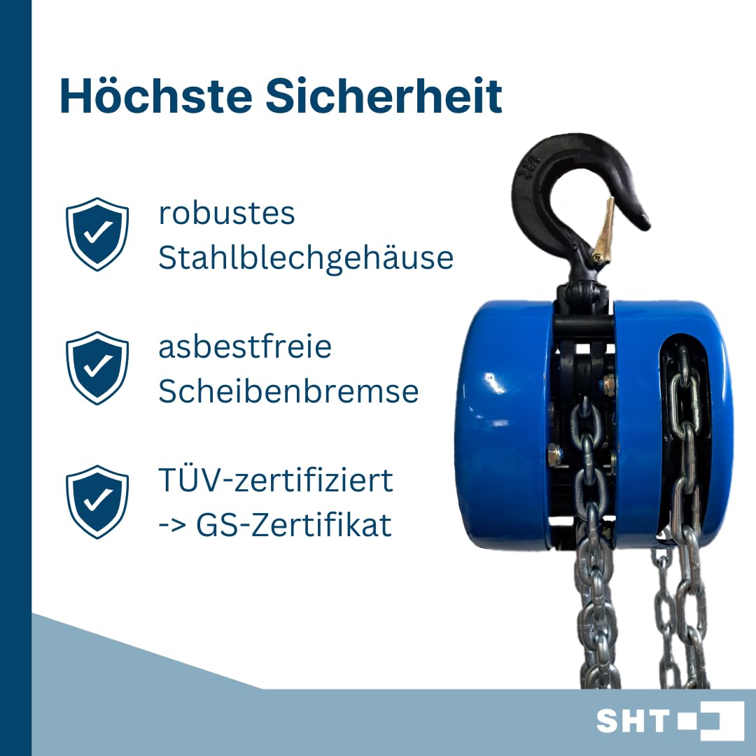 SHT Kettenzug/Stirnradflaschenzug SFZ 1-Strang mit 500kg Traglast| 5m Hub, kompakter Flaschenzug Seilzug