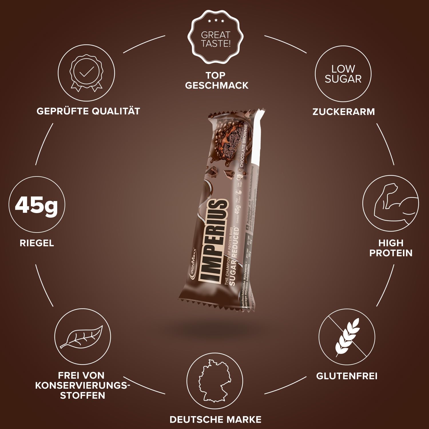 IronMaxx Imperius - Chocolate Brownie 24x45g | Barritas bajas en azúcar con crujientes de soja | Alta en proteínas y reducción de azúcar para un snack crujiente y nutritivo
