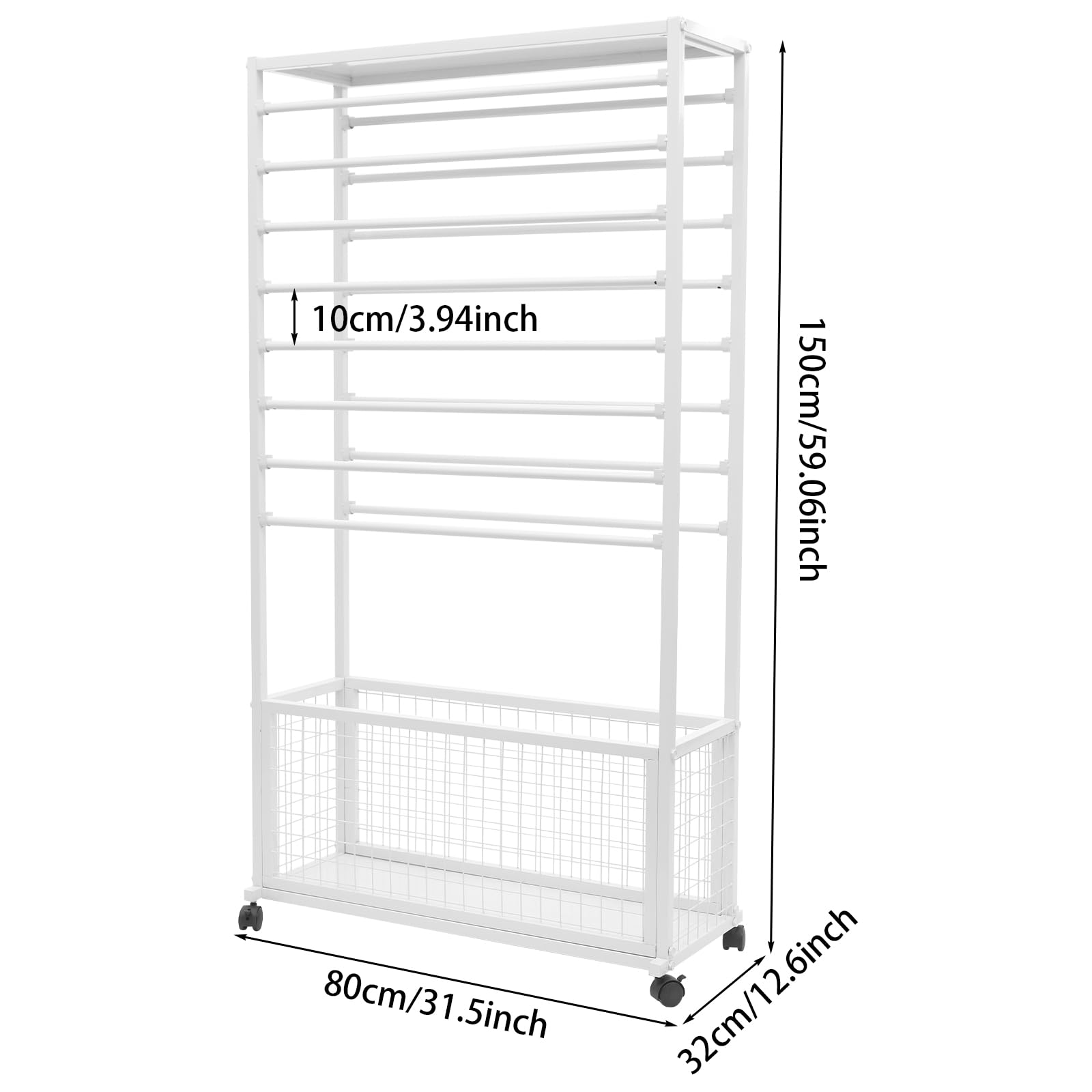 lkoewqzamx 16-Tier Rolling Ribbon Organizer Rack – 80cm Wide with Lockable Wheels & Mesh Basket – Large Capacity for Florist, Home, Crafts (White)