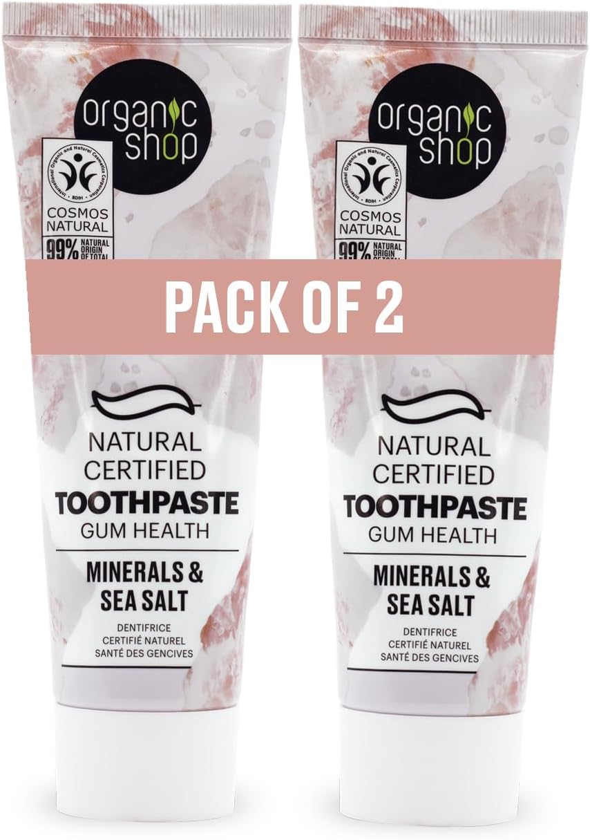 Organic Shop Sea Salt Toothpaste, Gum Wellness, Fluoride Free, Natural Ingredients, Cavity Protection, Tooth Sensitivity, Vegan & Cosmos Natural Certified. Pack of 2