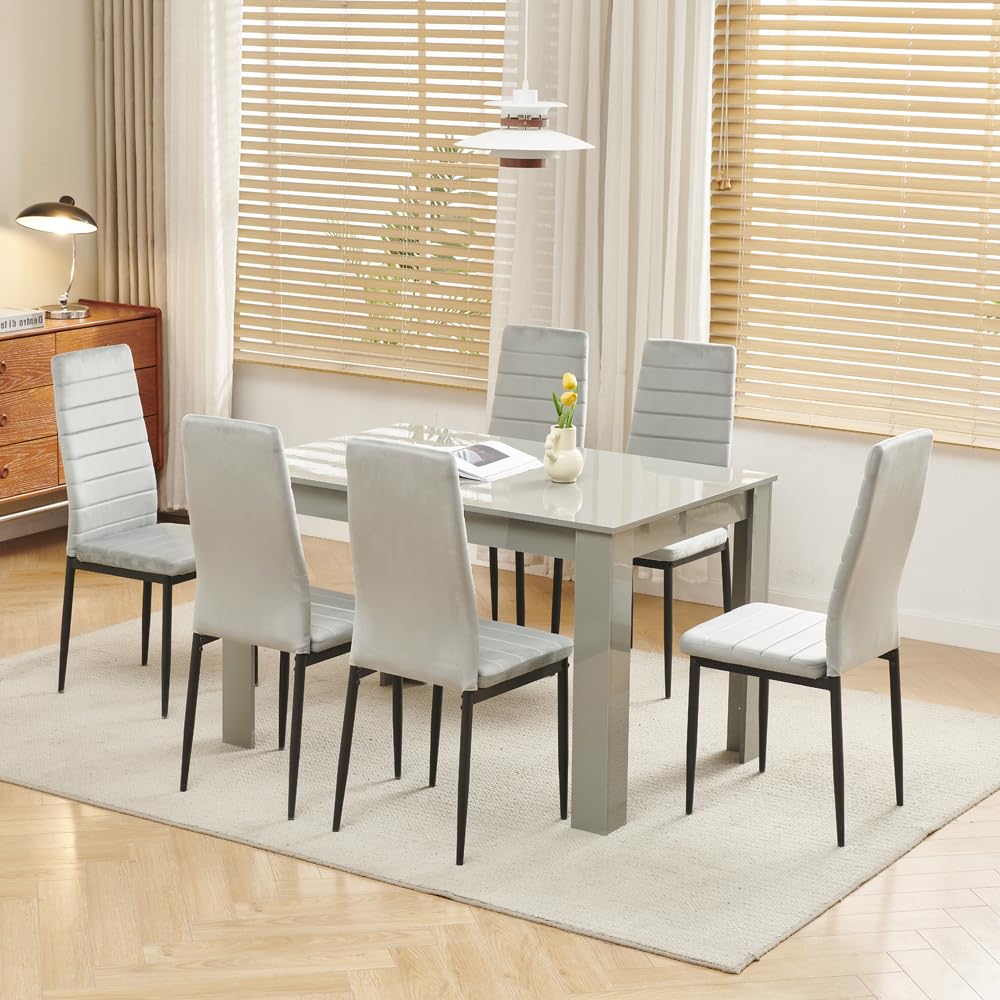 Homullel 7 Piece Dining Room Table and Chairs Set for Dining Room Kitchen, Modern Wooden Dining Table with 6 Grey Velvet Chairs for Family Dinner Space Saving Dinner Set