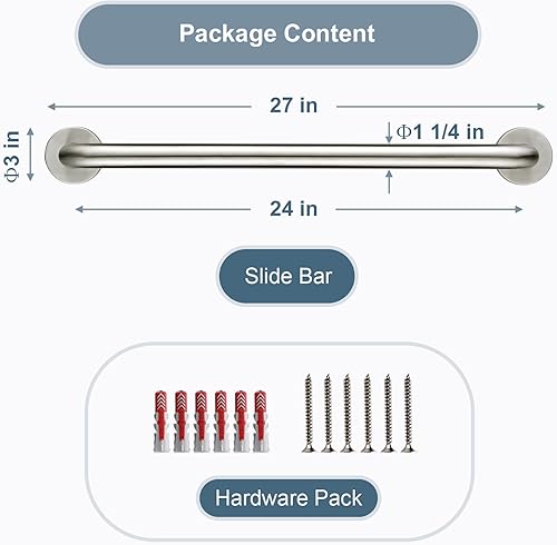 Miniatura 6 de BRIGHT SHOWERS Barra de agarre para duchas y bañeras, riel de acero inoxidable de 24 pulgadas, barra de agarre decorativa que cumple con la ADA,