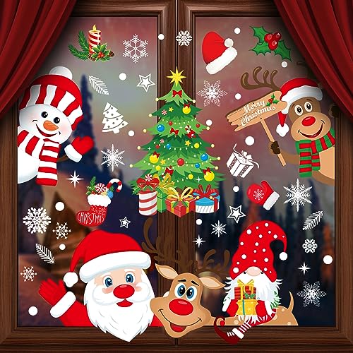 Christmas Window Stickers 267pcs Christmas Decals Reusable Double Sided Printed Self Adhesive Window Decorations Santa Claus,Moose,Snowman,Dwarfs,Xmas Tree and Snowflakes Window Clings,10 Sheet