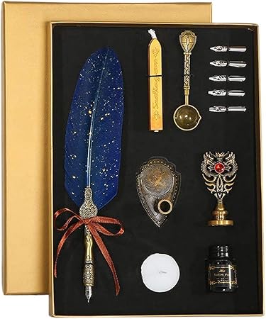 Sabahz Trading Art Ranger Quill Pen and Ink Set, Calligraphy Feather Pen with Wax Seal Stamp, Includes Feather Dip Pen, Ink, 5 Replacement Nibs, Wax Seal Sticks,Pen Nib Base,Seal Stamp,White Wax,Spoon