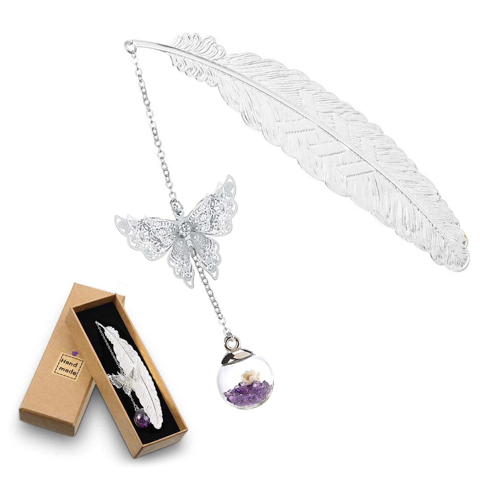 Marcador Clásicos, Marcapáginas de Plumas de Metal con Mariposa 3D y Colgante de Flor Seca Eterna de Cuentas de Vidrio, Regalo para Profesora Lectores Mujeres y Niños (D)