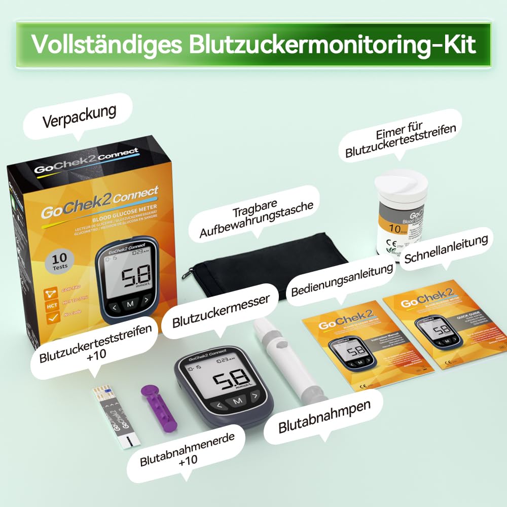 MicroTech Bluetooth Blutzucker-Messgerät Kit 10 Streifen & Lanzetten, ohne Codierung, 500 Speicher, breiterer HKT für die Familie (mmol)