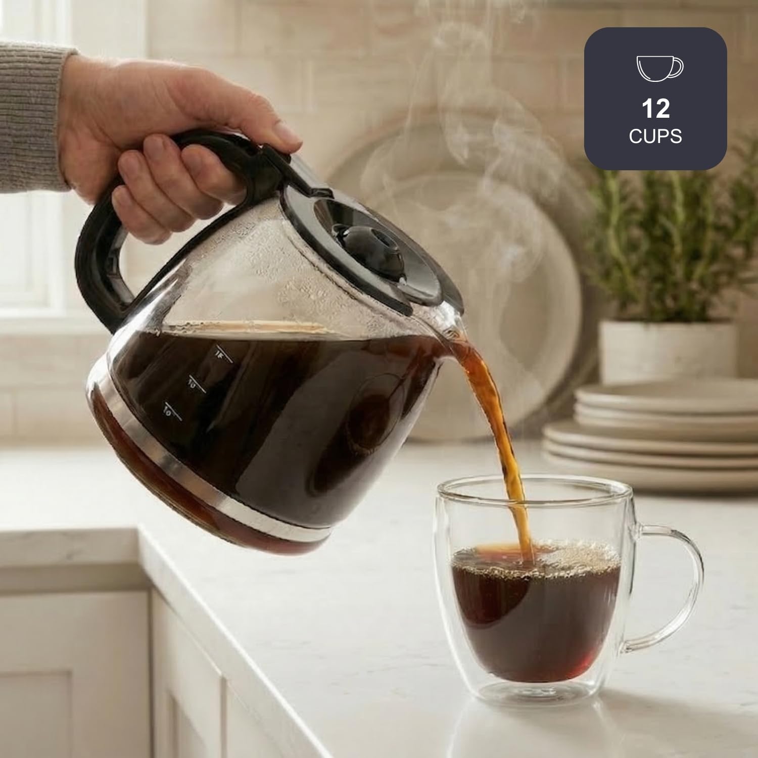 BLACK+DECKER – Macchina da caffè americano BXCO1002E | 1000W | 12 tazze | Timer 24h | Controllo digitale | Sistema antigoccia | Piastra riscaldante | Auto-off | Filtro lavabile | Inox antigraffio