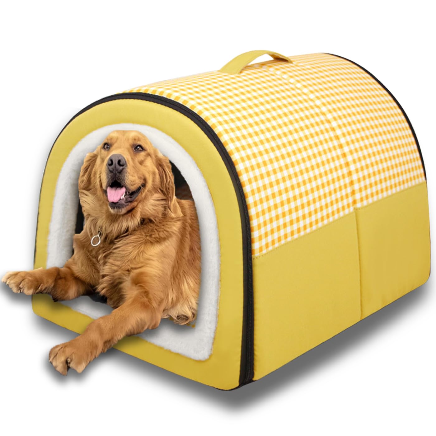 Dog Bed 2 in 1 Dogs House Large Pet Cave,Calming Kennel Anti Anxiety Soft Warm Cushion,Removable Washable Cat Igloo Bed Non-Slip (Yellow,XL-70 * 55 * 45CM)