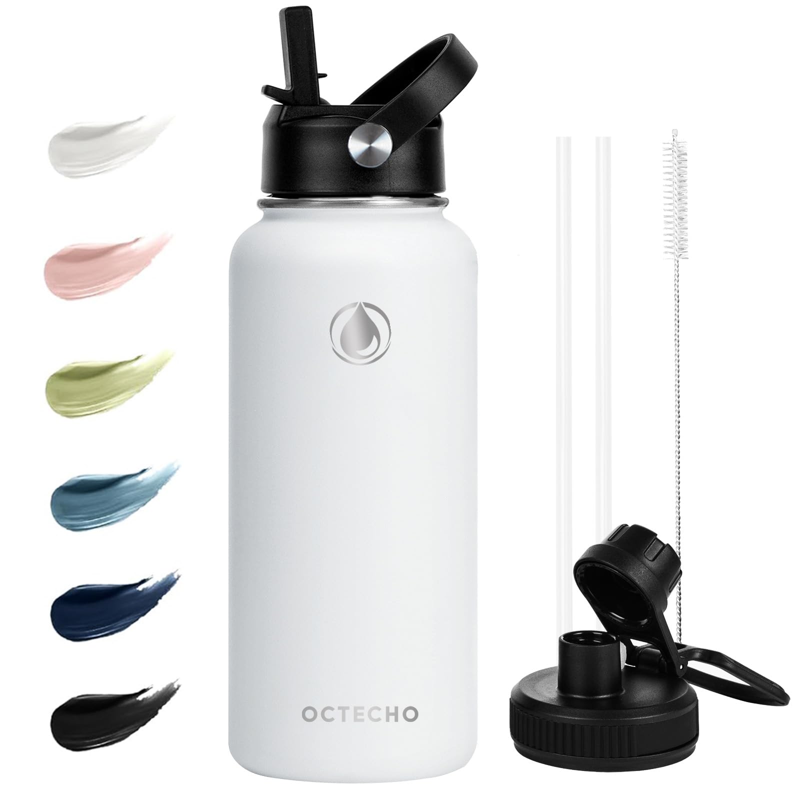 OcTecho Metal Water Bottle with Straw, 950ml Stainless Steel Water Bottle 2 Leakproof Lids