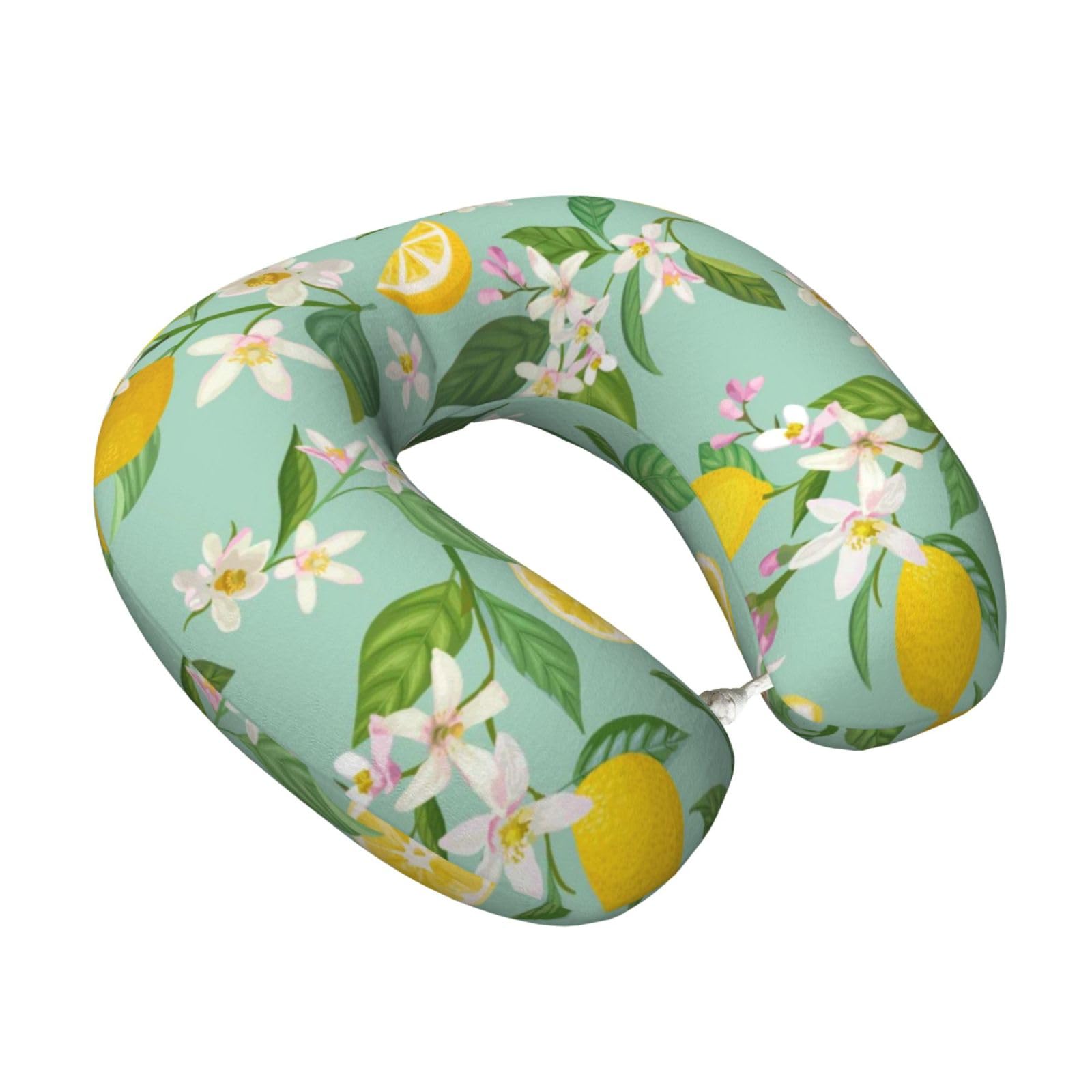 LKYMOH Teal Lemon And Leaf Printed, Travel Neck Pillow U-Shaped Memory Neck Support Soft Comfortable With Washable Cover For Airplane Car Traveling and Office