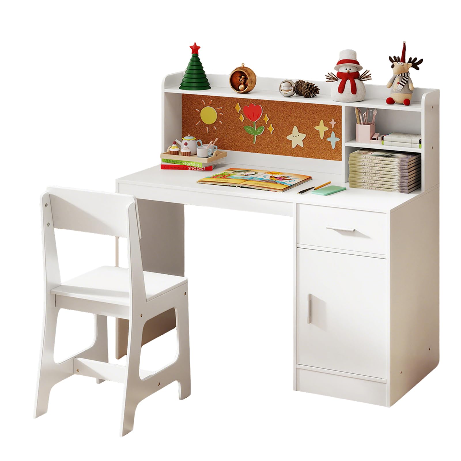GOPLUS Schreibtisch Kinder mit Stuhl, Kinderschreibtisch Holz mit Regal, Schublade, Schrank & Pinnwand, Jugendschreibtisch zum Essen, Lernen, Zeichnen, für Mädchen & Junge ab 3-8 Jahren (Weiß)