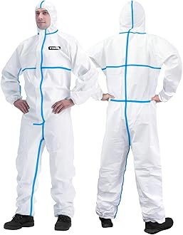 Hazmat Suit Disposable Coverall | Full Body Painters Suit in 7 Sizes with Multiple Specifications for Men & Women - Small, With Blue Seal Tape, 1