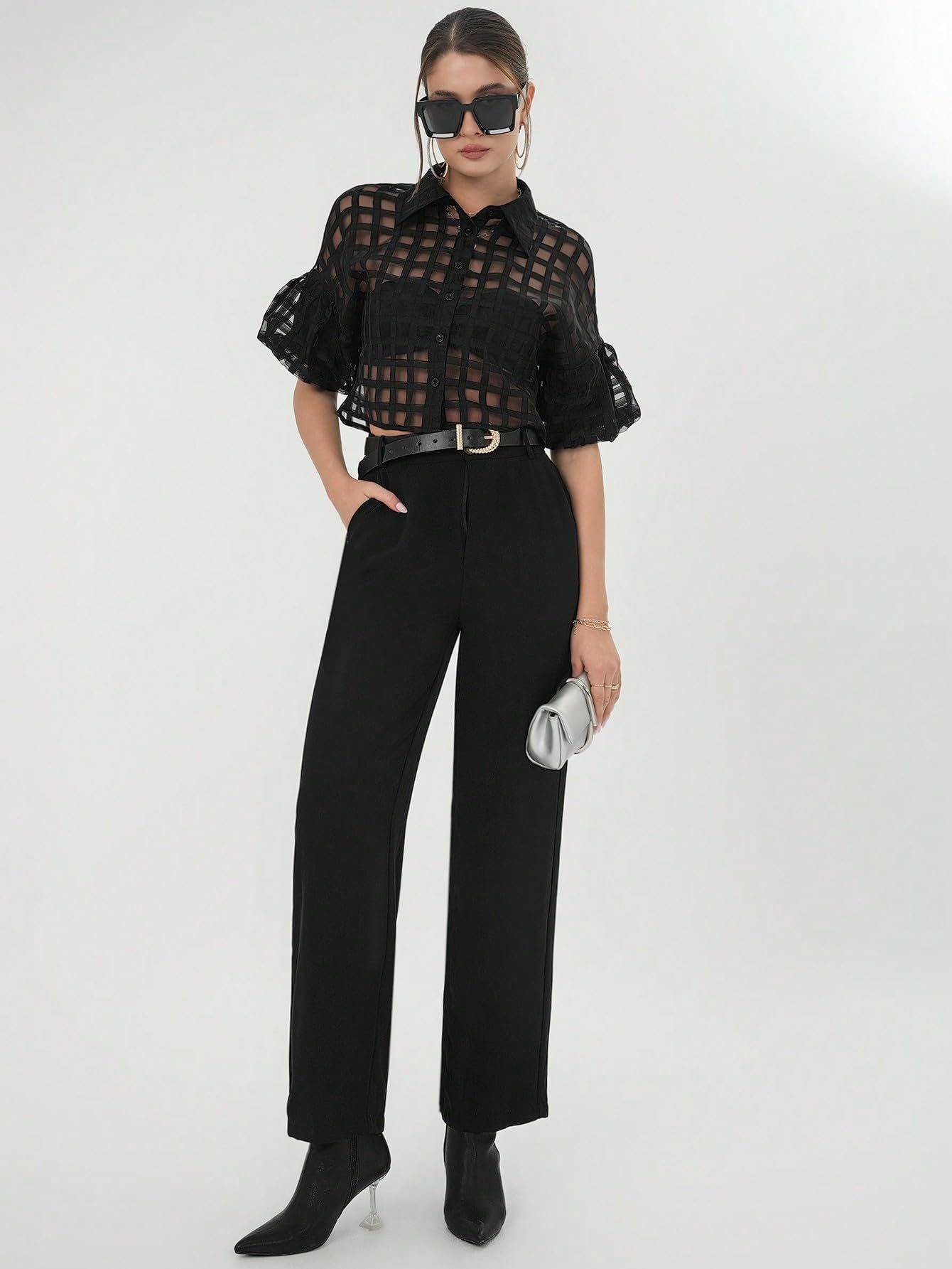 GORGLITTER Women's Sheer Cropped Button Down Shirt Summer Mesh Puff Short Sleeve See Through Tops Blouses Dressy Casual