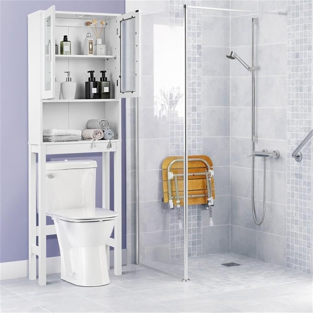 Pemberly Row Contemporary Bathroom Spacesaver, MDF and Glass, 23" L x 7.5" W x 67" H, White Finish, Sturdy Multi-Shelf Storage Organizer for Bathroom Essentials