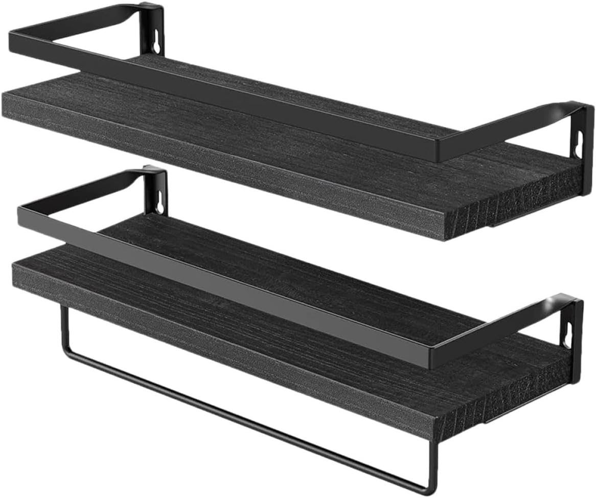 Black Wall Mounted Display Shelf Storage Rack, 40x15x7.2cm Black Paulownia Wood and Iron Frame, Bathroom Kitchen Bedroom Wall Decor Organizer